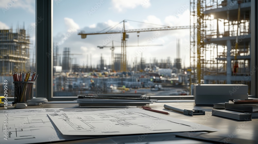 AdobeStock_1066290949_Preview Großbaustelle – Blick aus dem Büro mit einem Schreibtisch voller Bauunterlagen